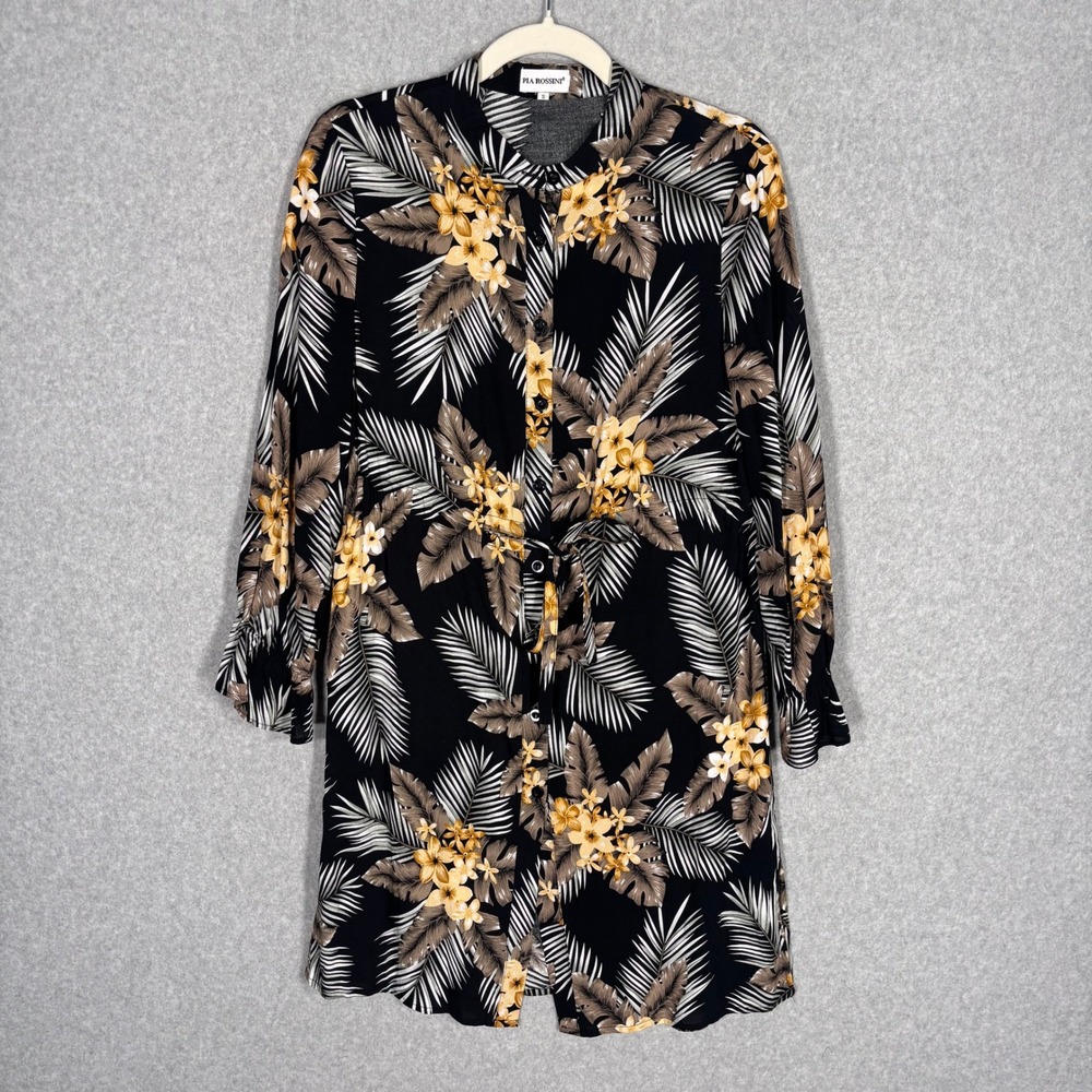 Pia Rossini Tunic Cover Up Dress S Black Tropical Floral Palm Tie Waist Bell